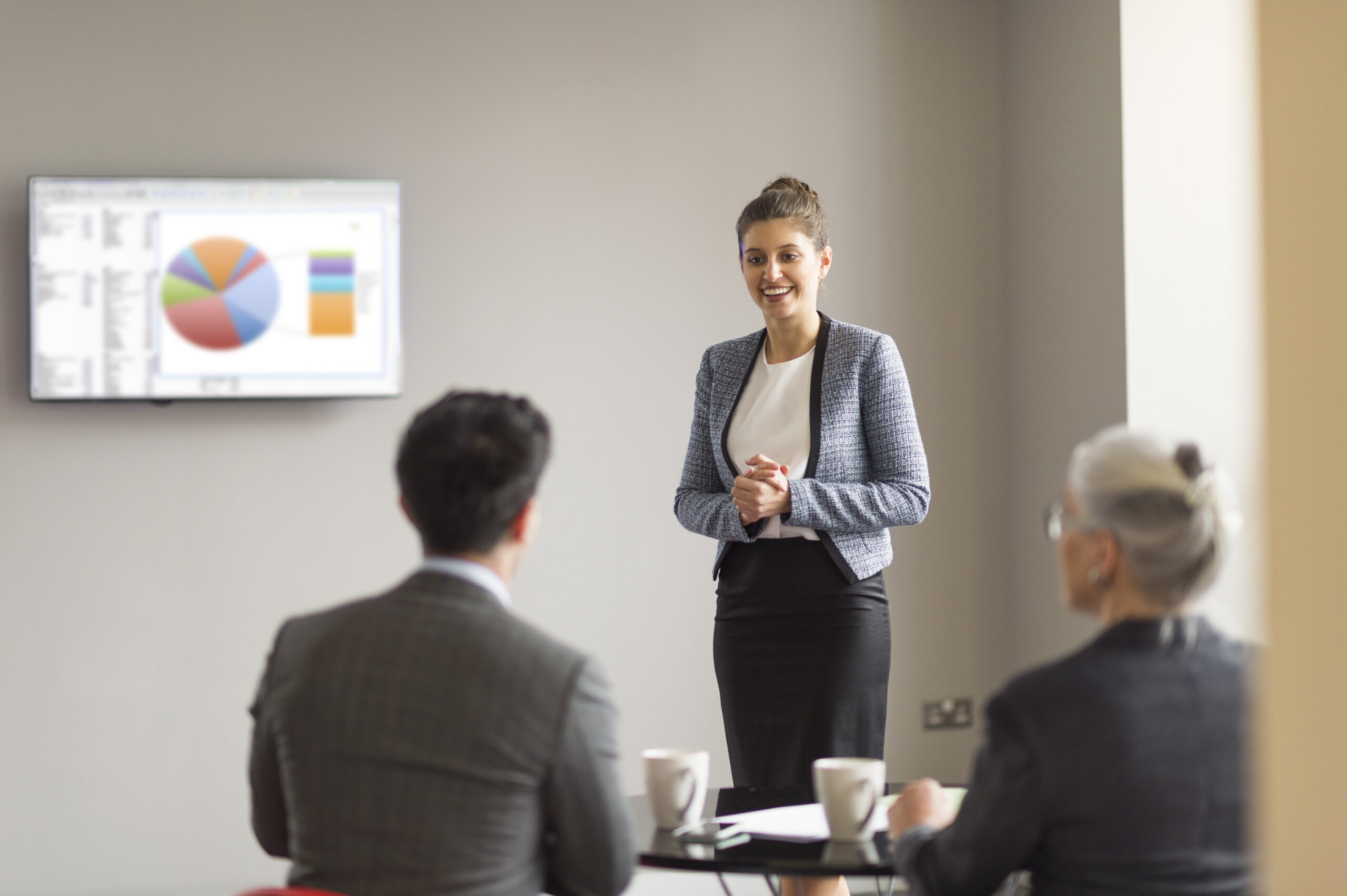 A young professional delivering a business presentation in front of her clients.